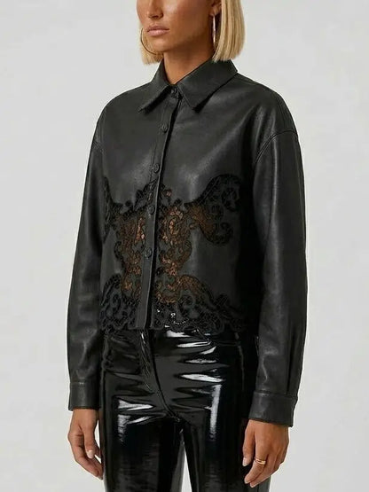 Black Leather Cut-Out Button-Down Jacket - Jackets
