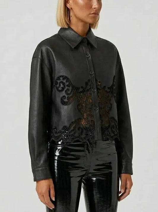 Black Leather Cut-Out Button-Down Jacket - Jackets