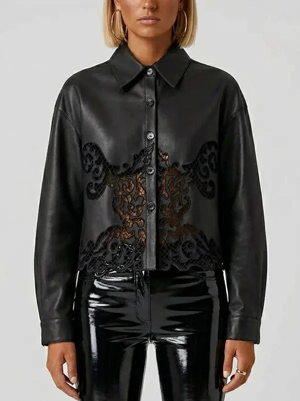 Black Leather Cut-Out Button-Down Jacket - Jackets