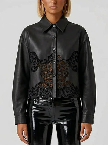 Black Leather Cut-Out Button-Down Jacket - Jackets