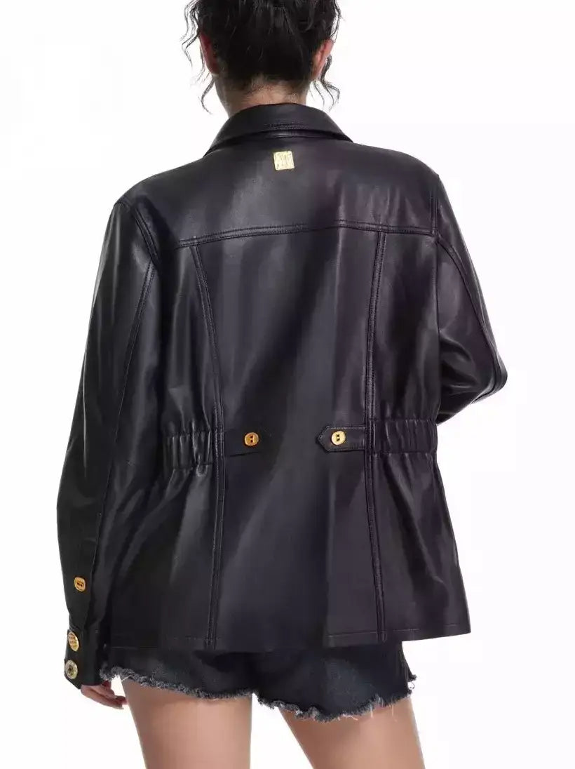 Black Leather Jacket with Gold Decorative Buttons - Jackets