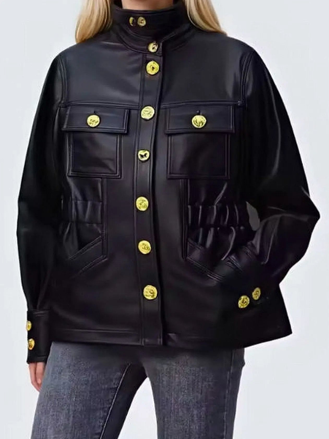Black Leather Jacket with Gold Decorative Buttons - Jackets