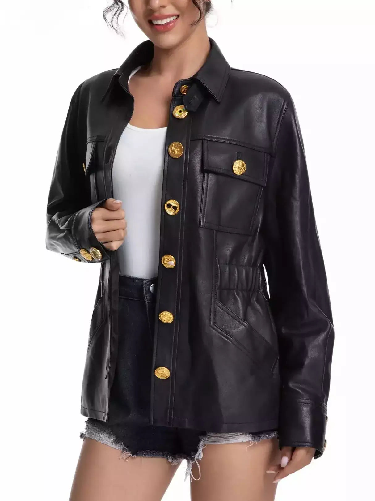 Black Leather Jacket with Gold Decorative Buttons - Jackets