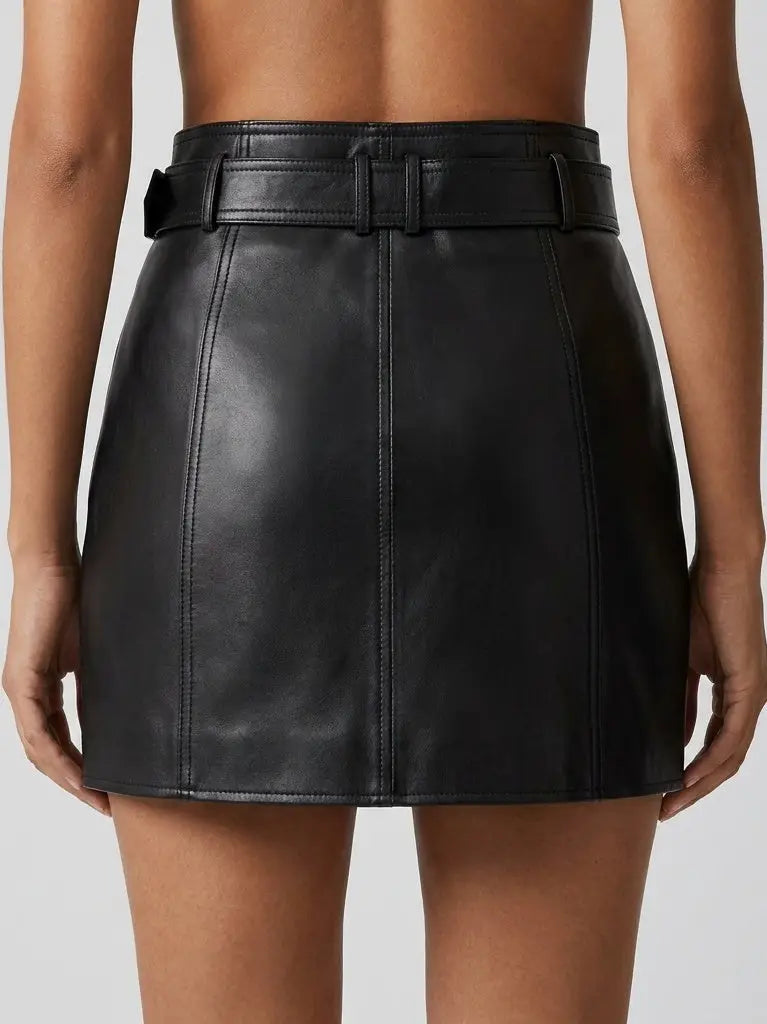 Black Leather Mini Wrap Skirt with Gold Buckle Detail - Skirts