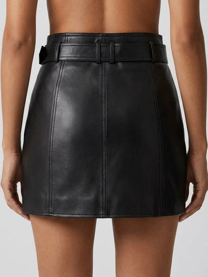 Black Leather Mini Wrap Skirt with Gold Buckle Detail - Skirts