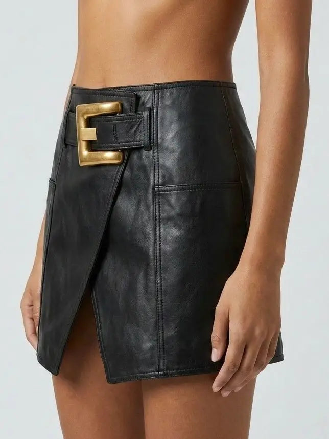 Black Leather Mini Wrap Skirt with Gold Buckle Detail - Skirts