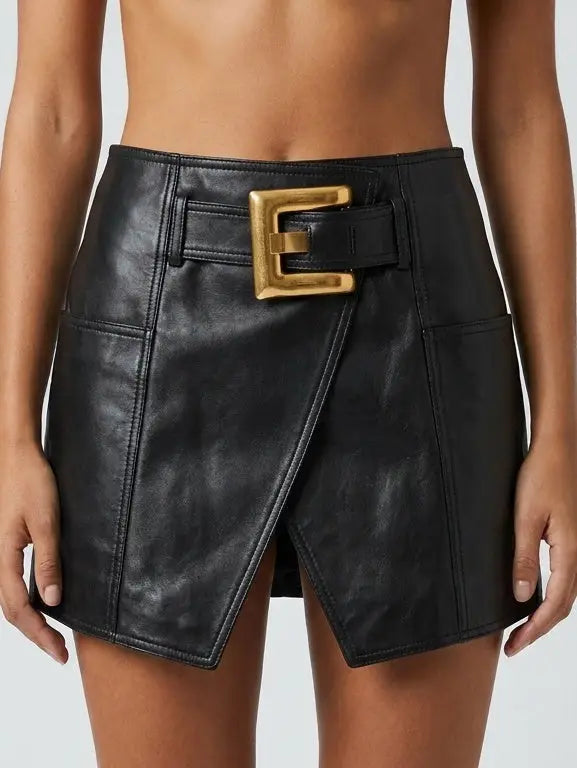 Black Leather Mini Wrap Skirt with Gold Buckle Detail - Skirts