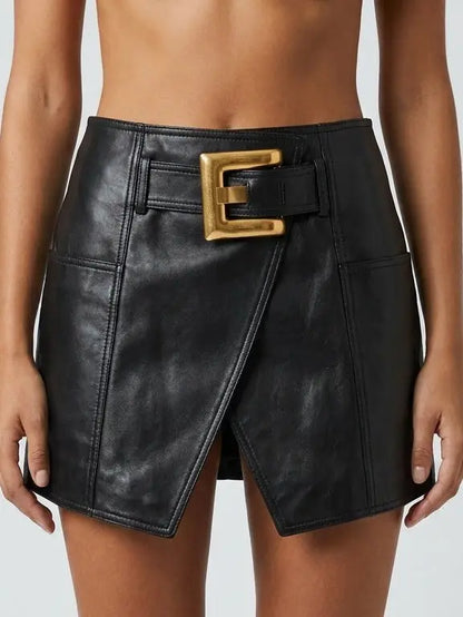 Black Leather Mini Wrap Skirt with Gold Buckle Detail - Skirts