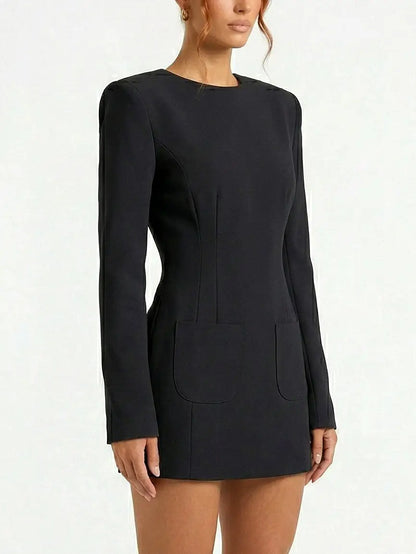 Black Long-Sleeve Structured Mini Dress - Dresses