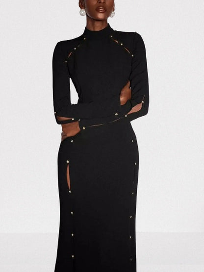 Black Long Paneled Slit Bead Embellished Gown Dresses