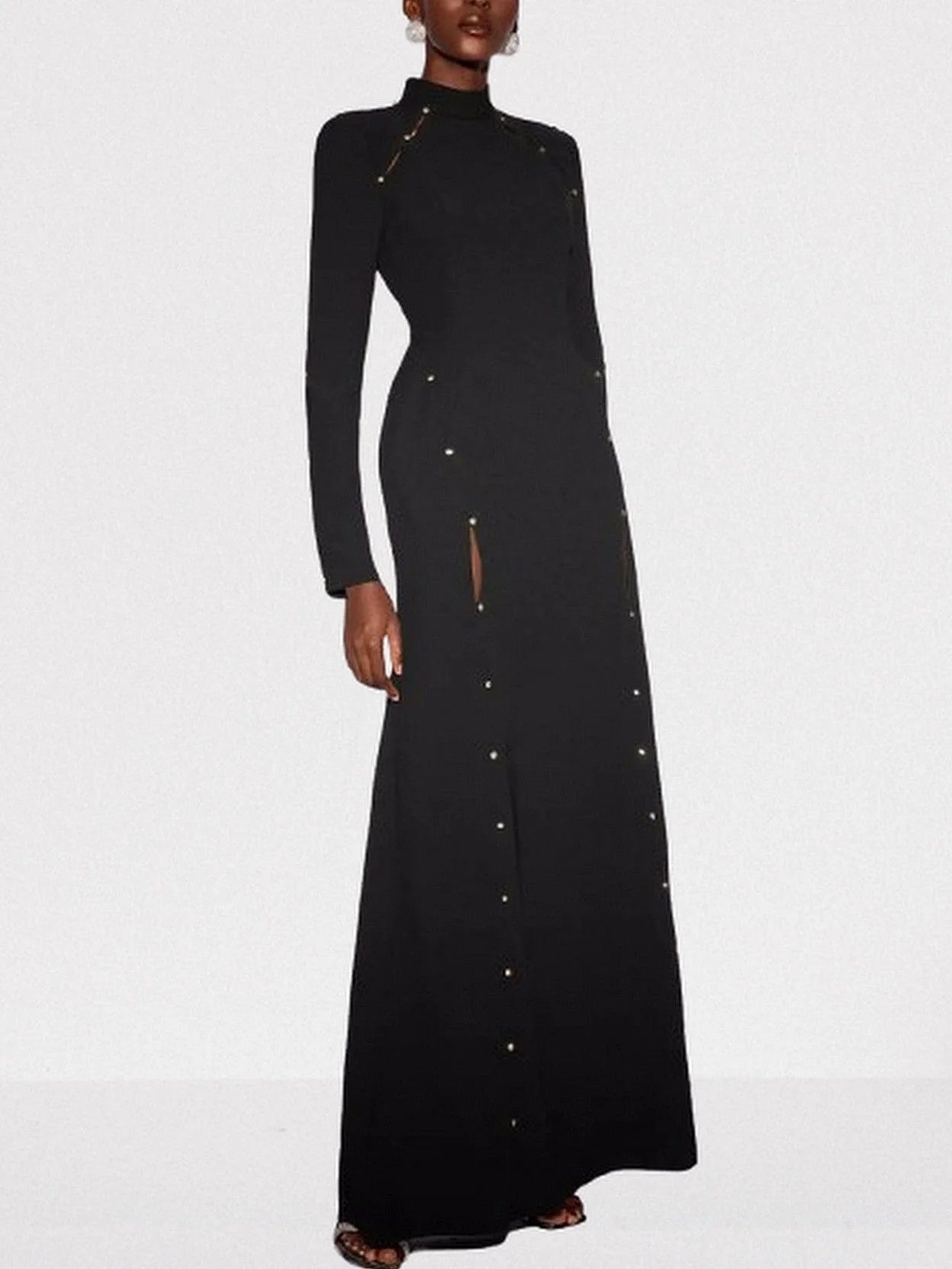 Black Long Paneled Slit Bead Embellished Gown Dresses