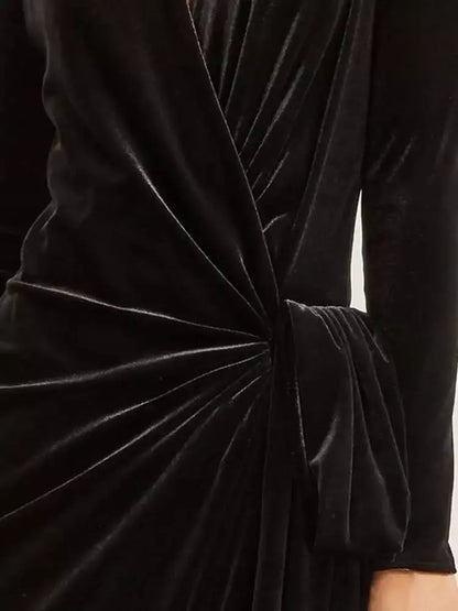 Black Long Ruched Asymmetrical Velvet Gown