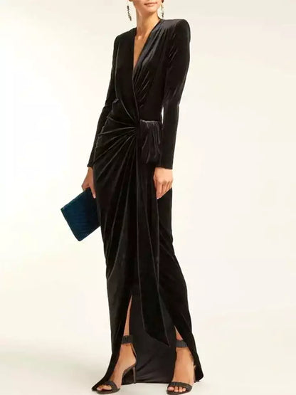 Black Long Ruched Asymmetrical Velvet Gown
