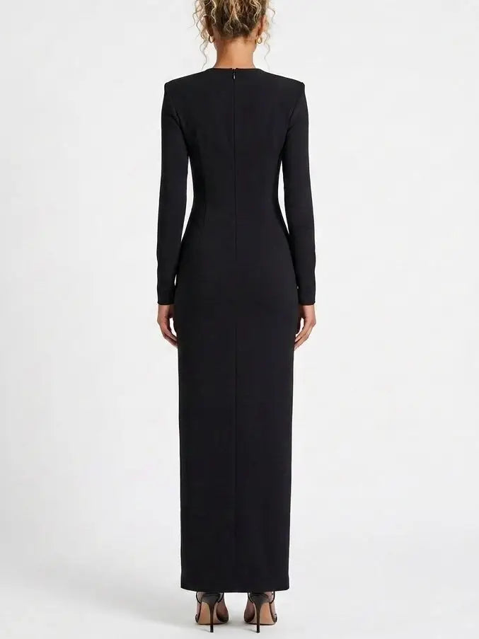 Black Long Sleeve Jersey Maxi Dress with Gold Zip - Dresses
