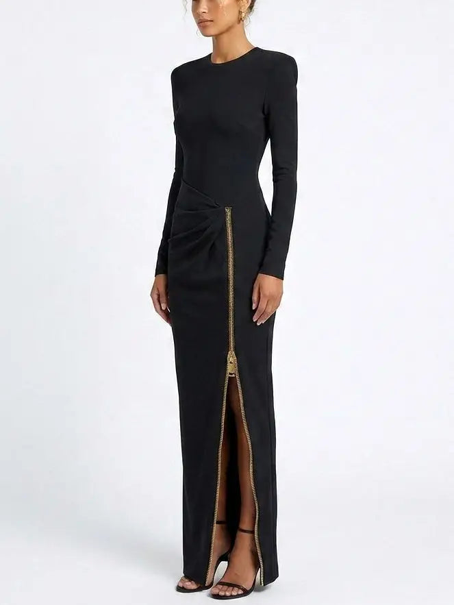 Black Long Sleeve Jersey Maxi Dress with Gold Zip - Dresses
