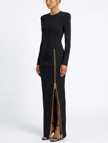 Black Long Sleeve Jersey Maxi Dress with Gold Zip - Dresses