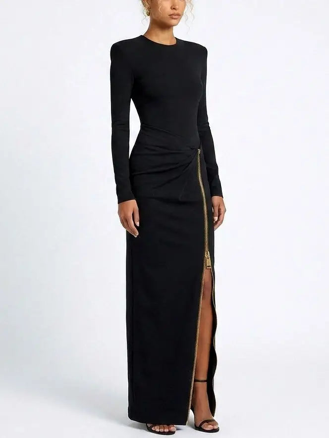 Black Long Sleeve Jersey Maxi Dress with Gold Zip - Dresses