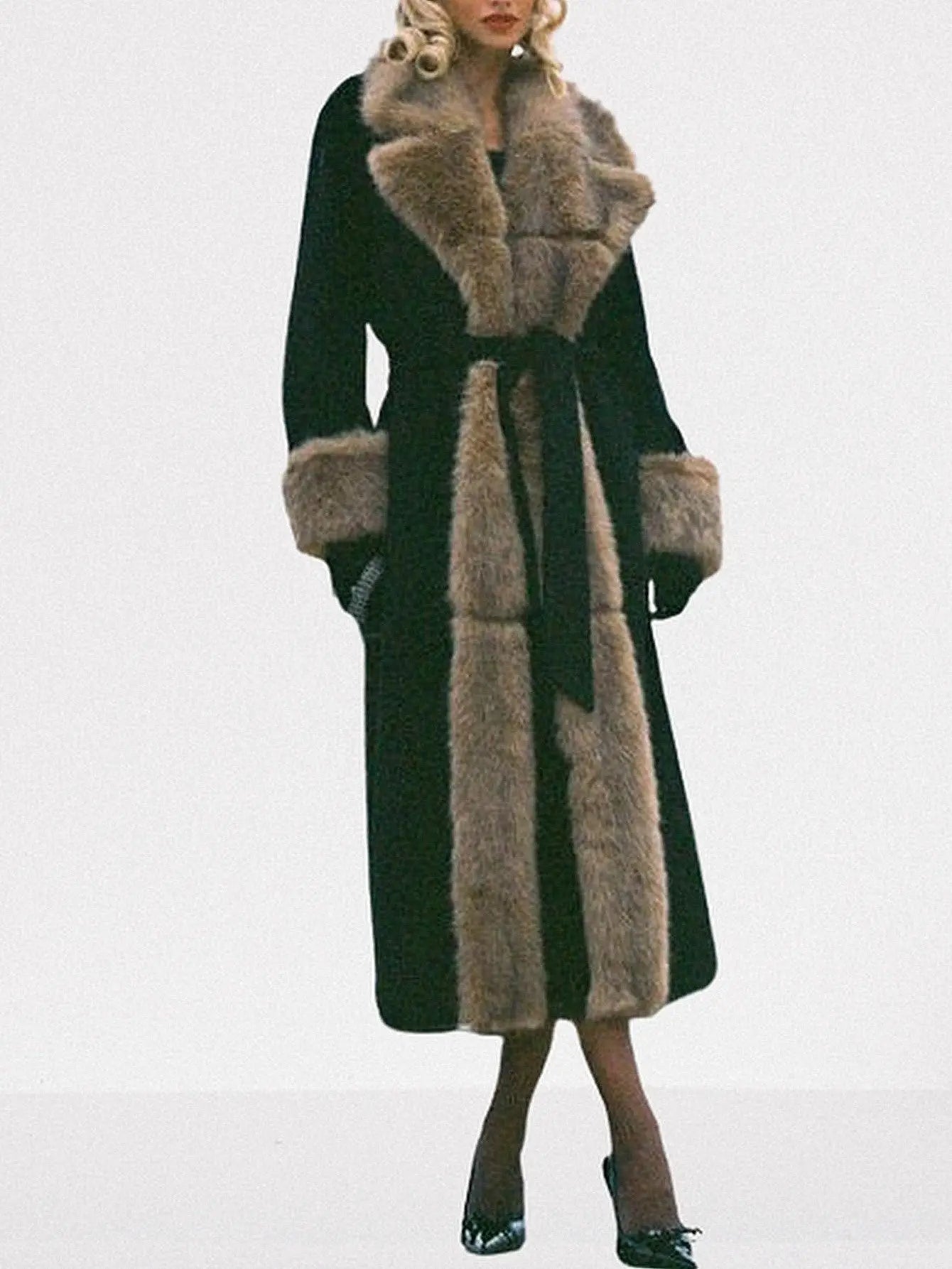 Black Maxi Coat with Luxe Faux-Fur Trim - Coats
