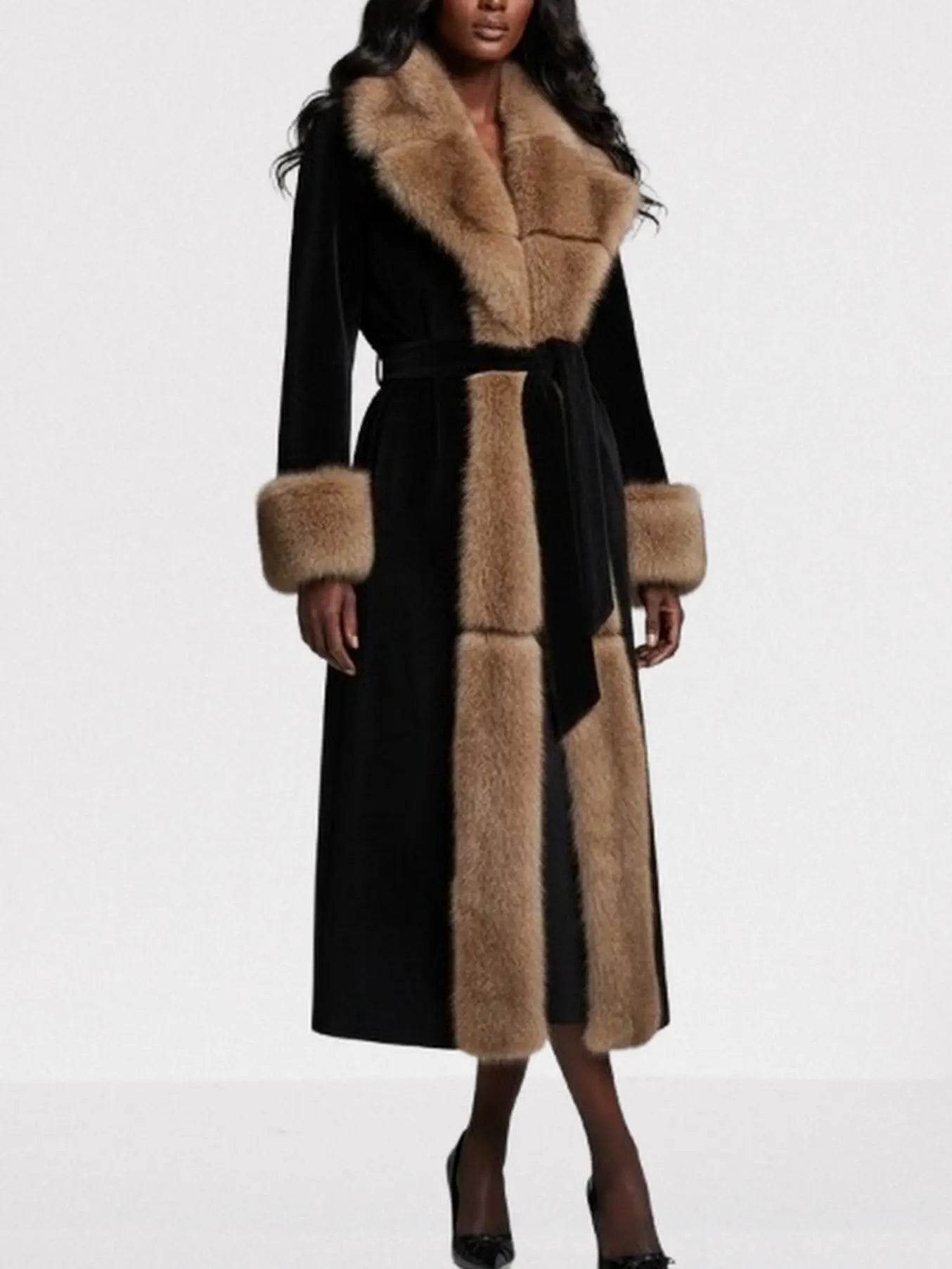 Black Maxi Coat with Luxe Faux-Fur Trim - Coats