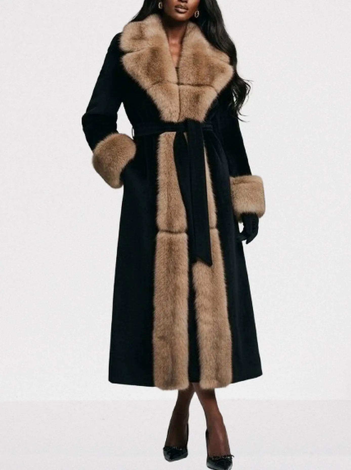 Black Maxi Coat with Luxe Faux-Fur Trim - Coats
