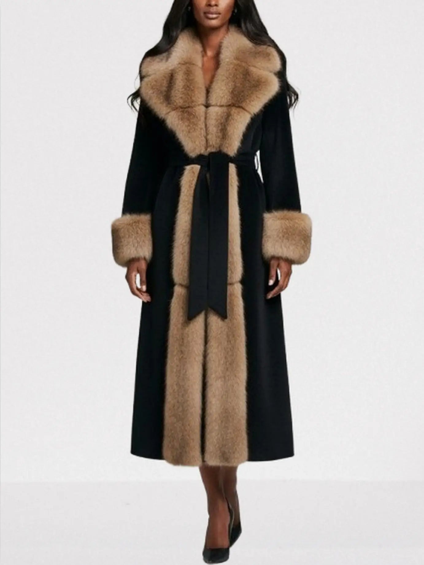Black Maxi Coat with Luxe Faux-Fur Trim - Coats