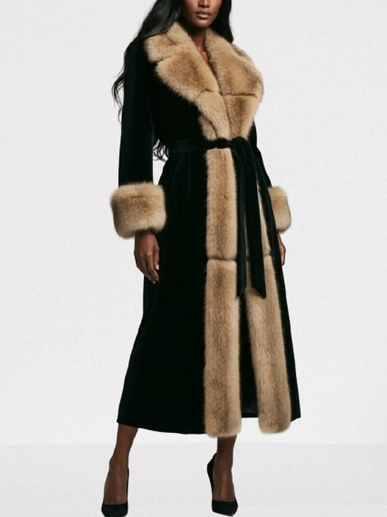 Black Maxi Coat with Luxe Faux-Fur Trim - Small - Coats