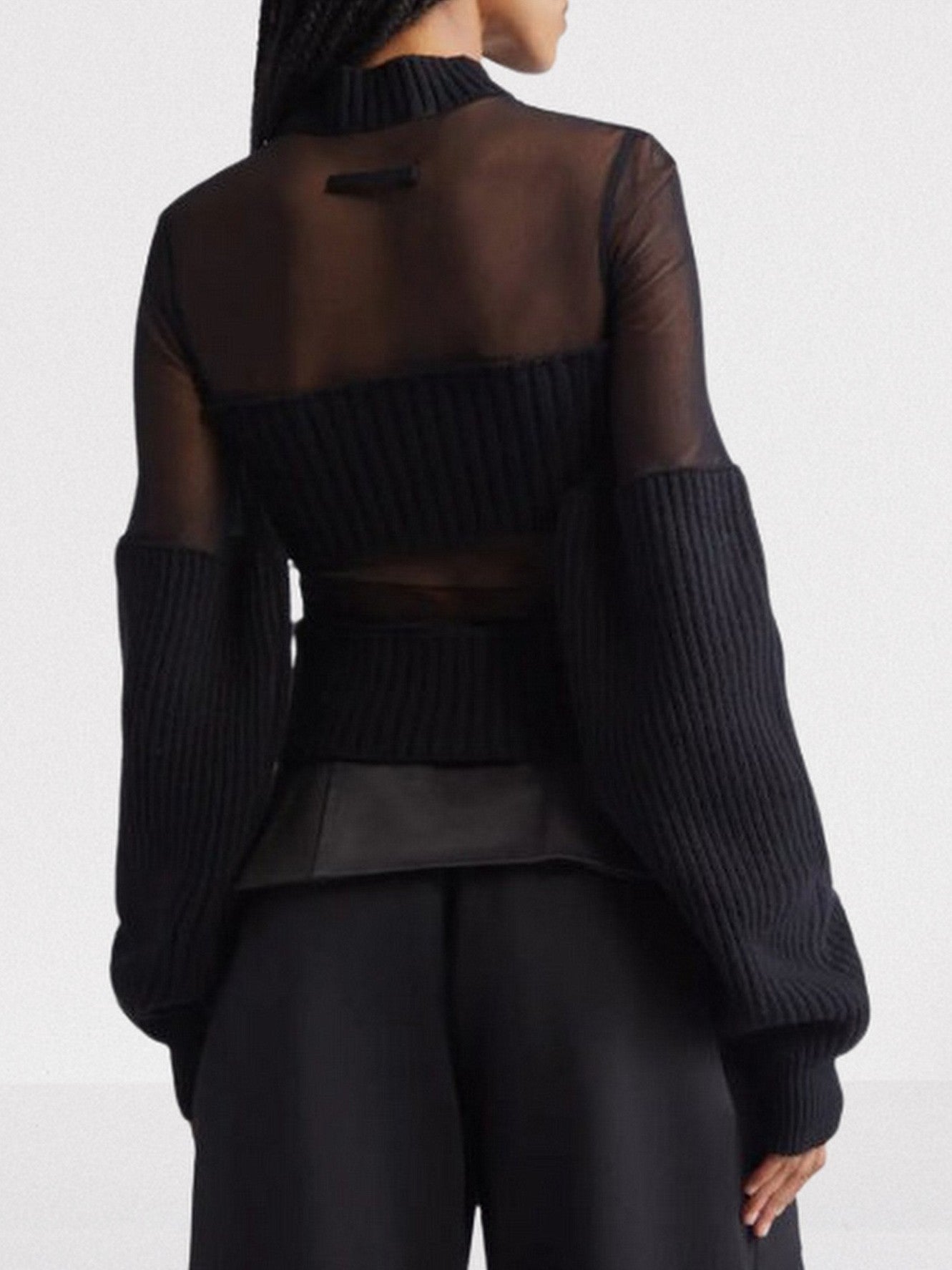 Black Mesh and Ribbed Knit Paneled Sweater