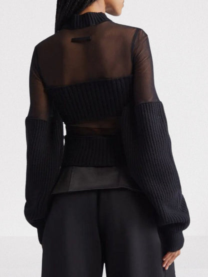 Black Mesh and Ribbed Knit Paneled Sweater