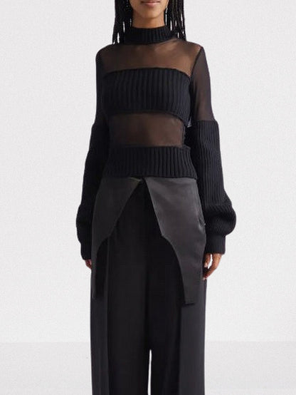Black Mesh and Ribbed Knit Paneled Sweater