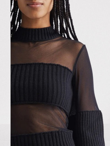 Black Mesh and Ribbed Knit Paneled Sweater