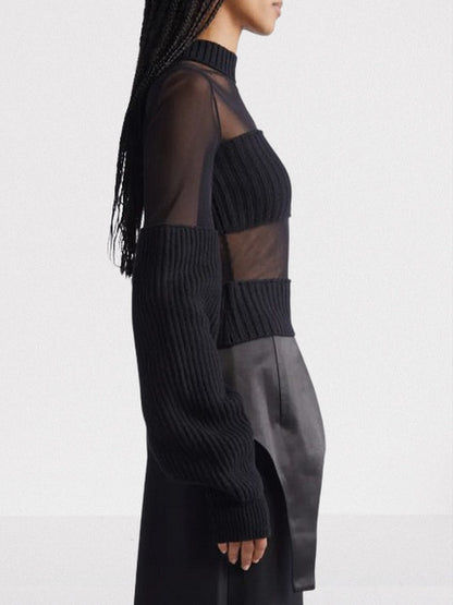 Black Mesh and Ribbed Knit Paneled Sweater