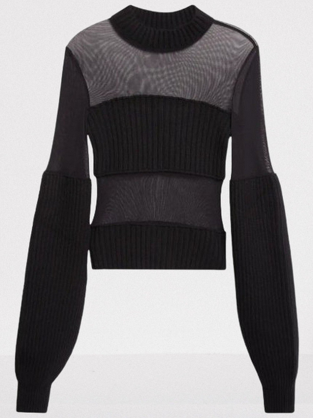 Black Mesh and Ribbed Knit Paneled Sweater