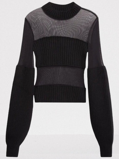 Black Mesh and Ribbed Knit Paneled Sweater