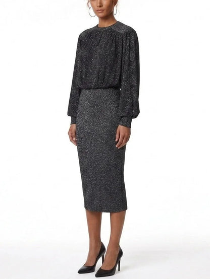 Black Metallic Lurex Knit Midi Dress - Dresses