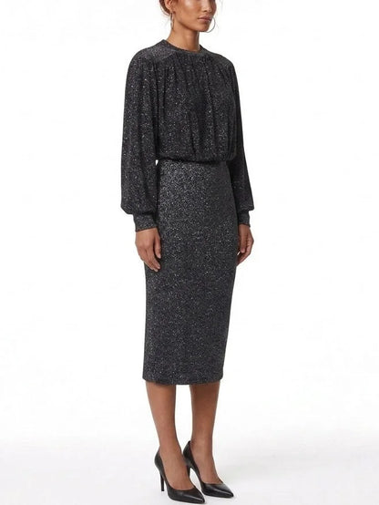 Black Metallic Lurex Knit Midi Dress - Dresses