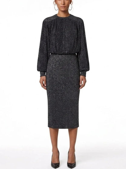 Black Metallic Lurex Knit Midi Dress - Dresses