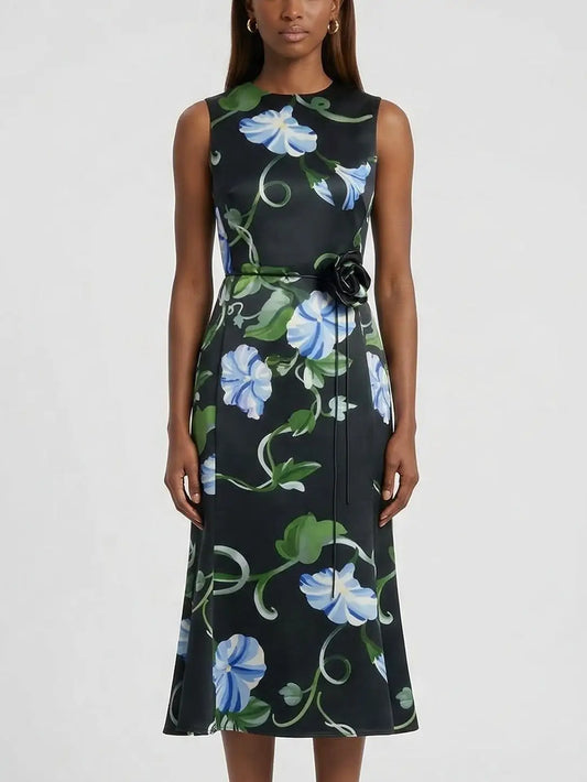 Black Midi Dress with Blue Floral Print - Dresses