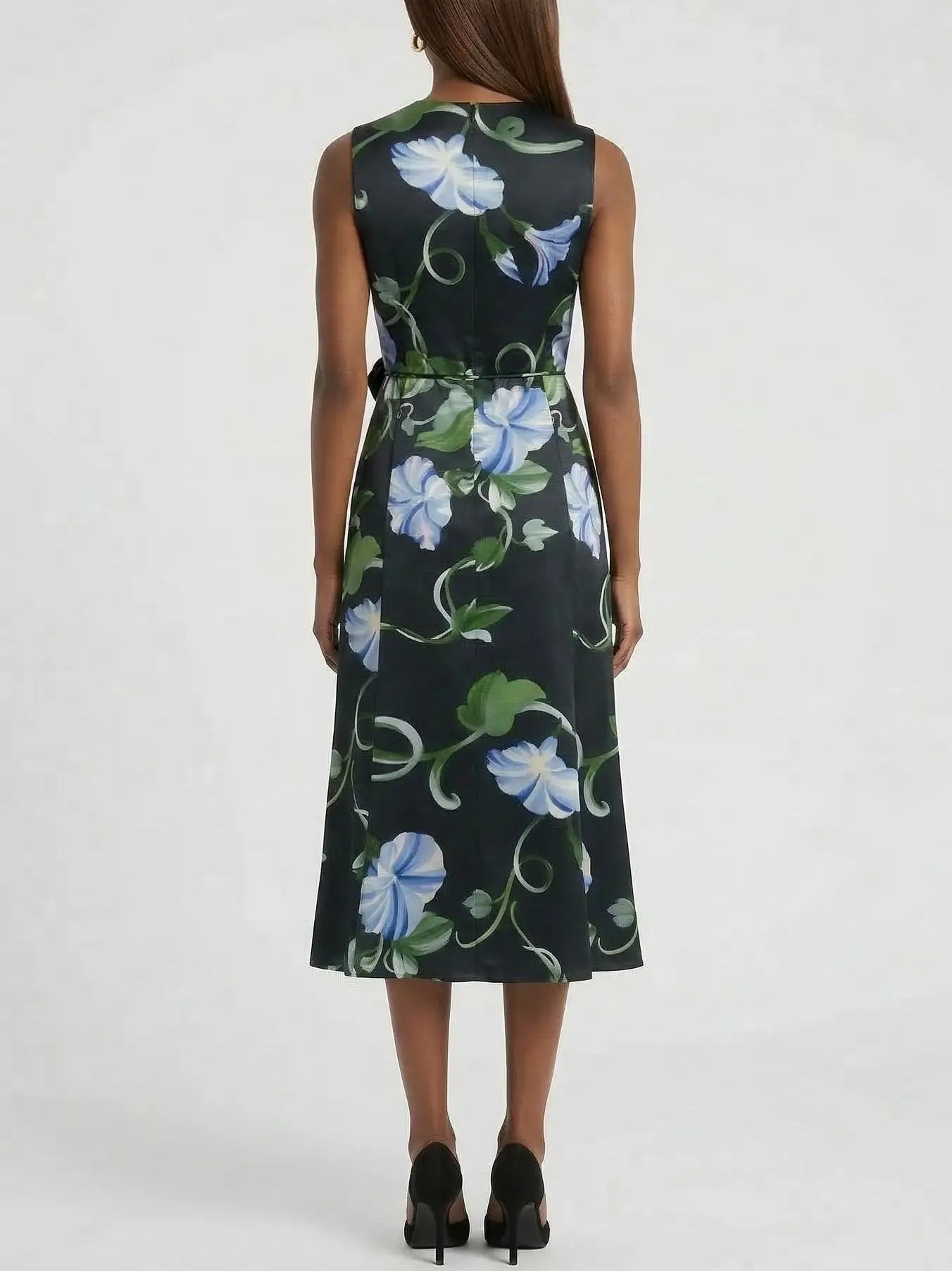 Black Midi Dress with Blue Floral Print - Dresses
