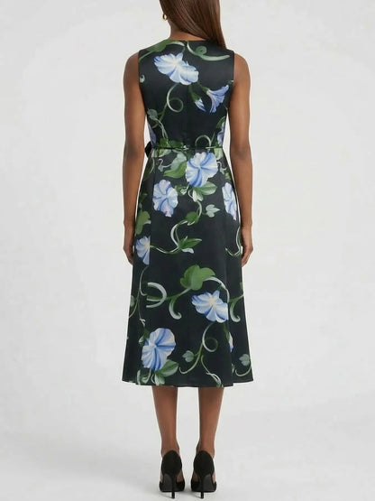 Black Midi Dress with Blue Floral Print - Dresses