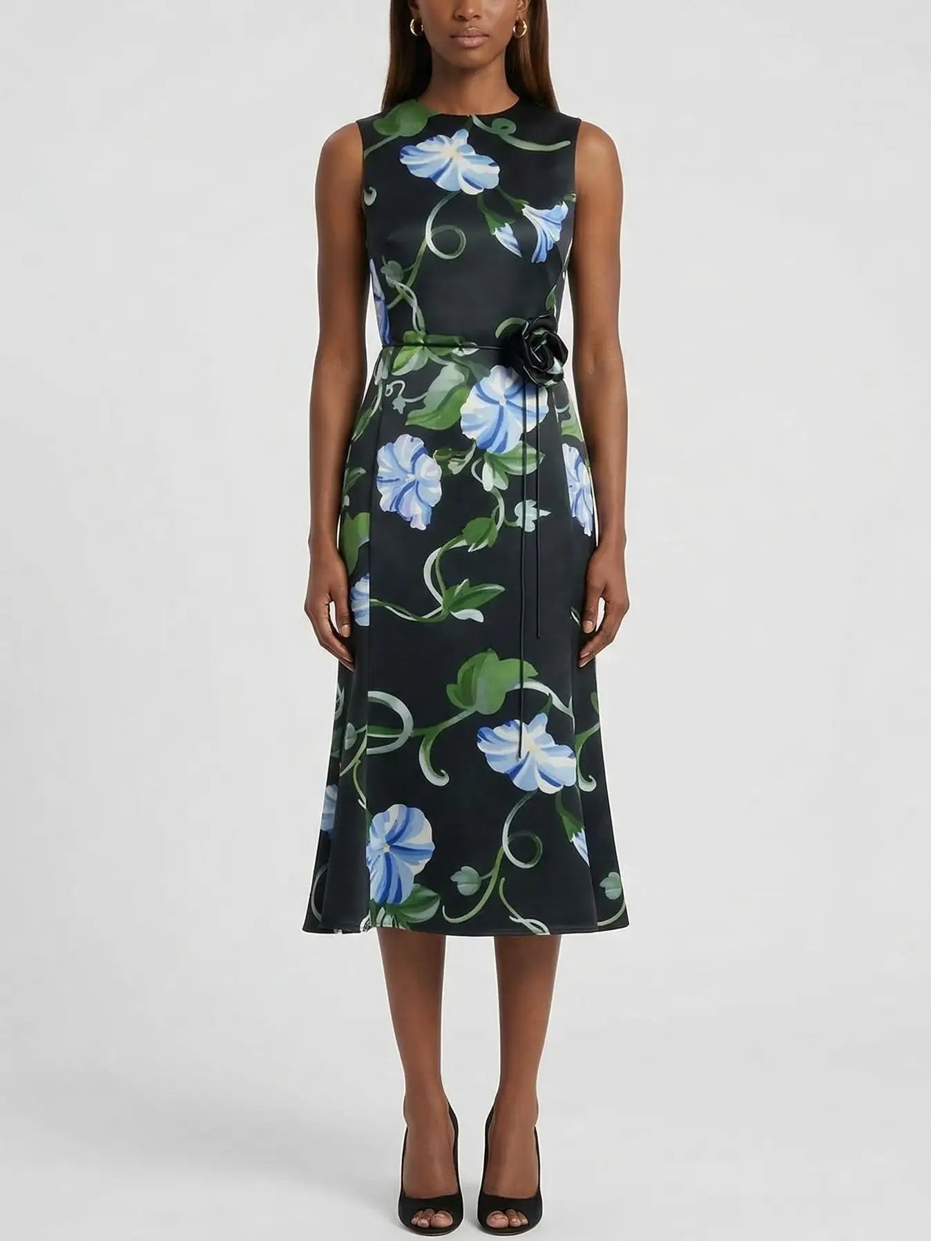 Black Midi Dress with Blue Floral Print - Dresses