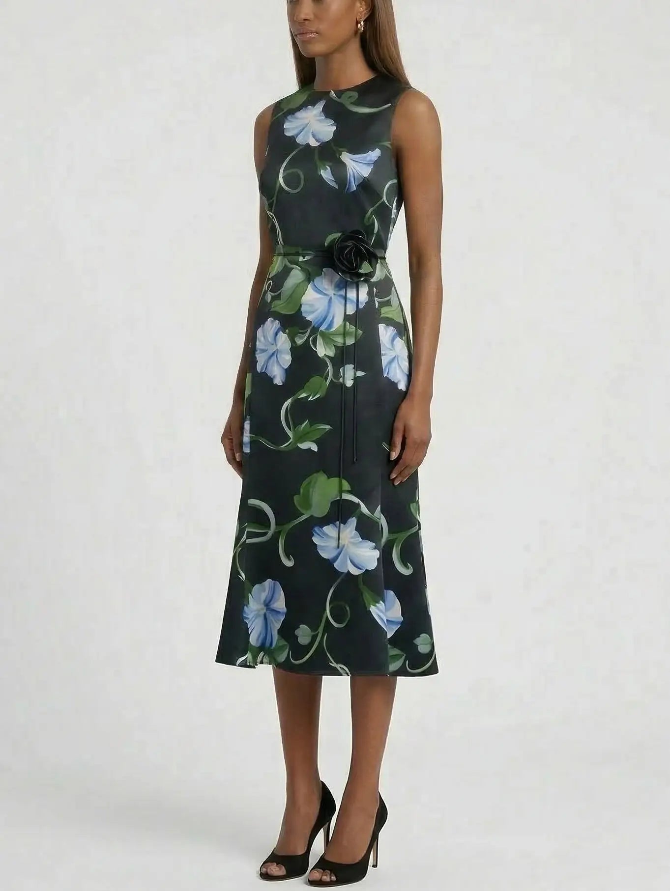 Black Midi Dress with Blue Floral Print - Dresses