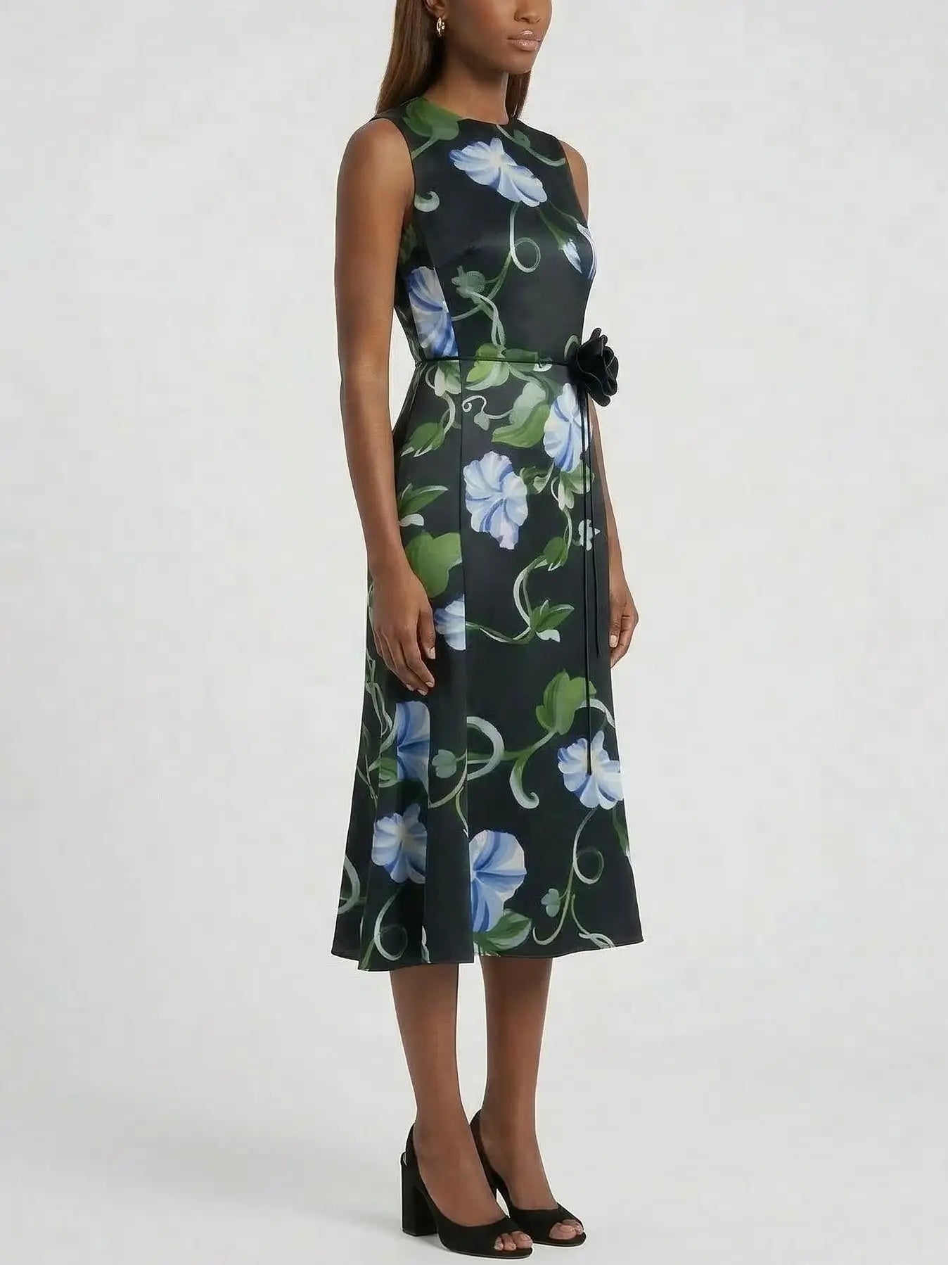 Black Midi Dress with Blue Floral Print - Dresses