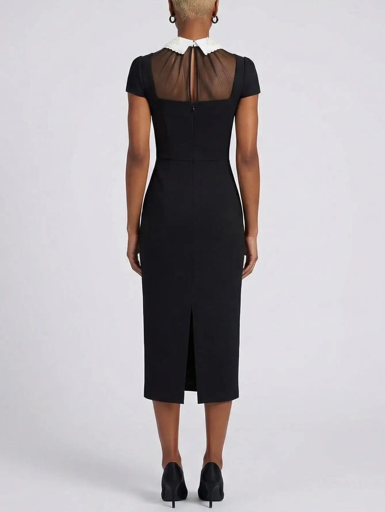 Black Midi Dress with Pearl Embellished Collar - Dresses