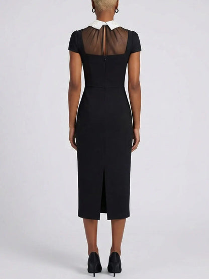 Black Midi Dress with Pearl Embellished Collar - Dresses