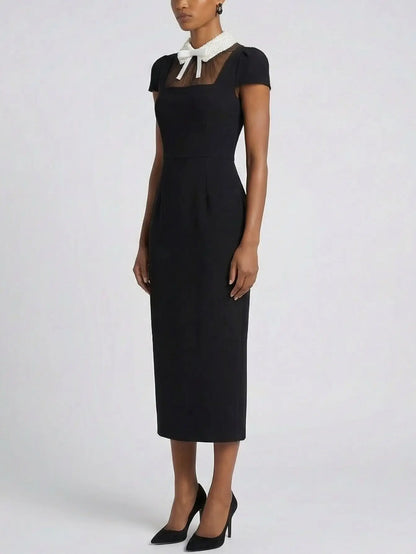Black Midi Dress with Pearl Embellished Collar - Dresses