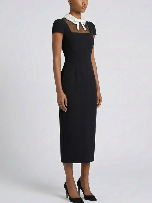Black Midi Dress with Pearl Embellished Collar - Dresses