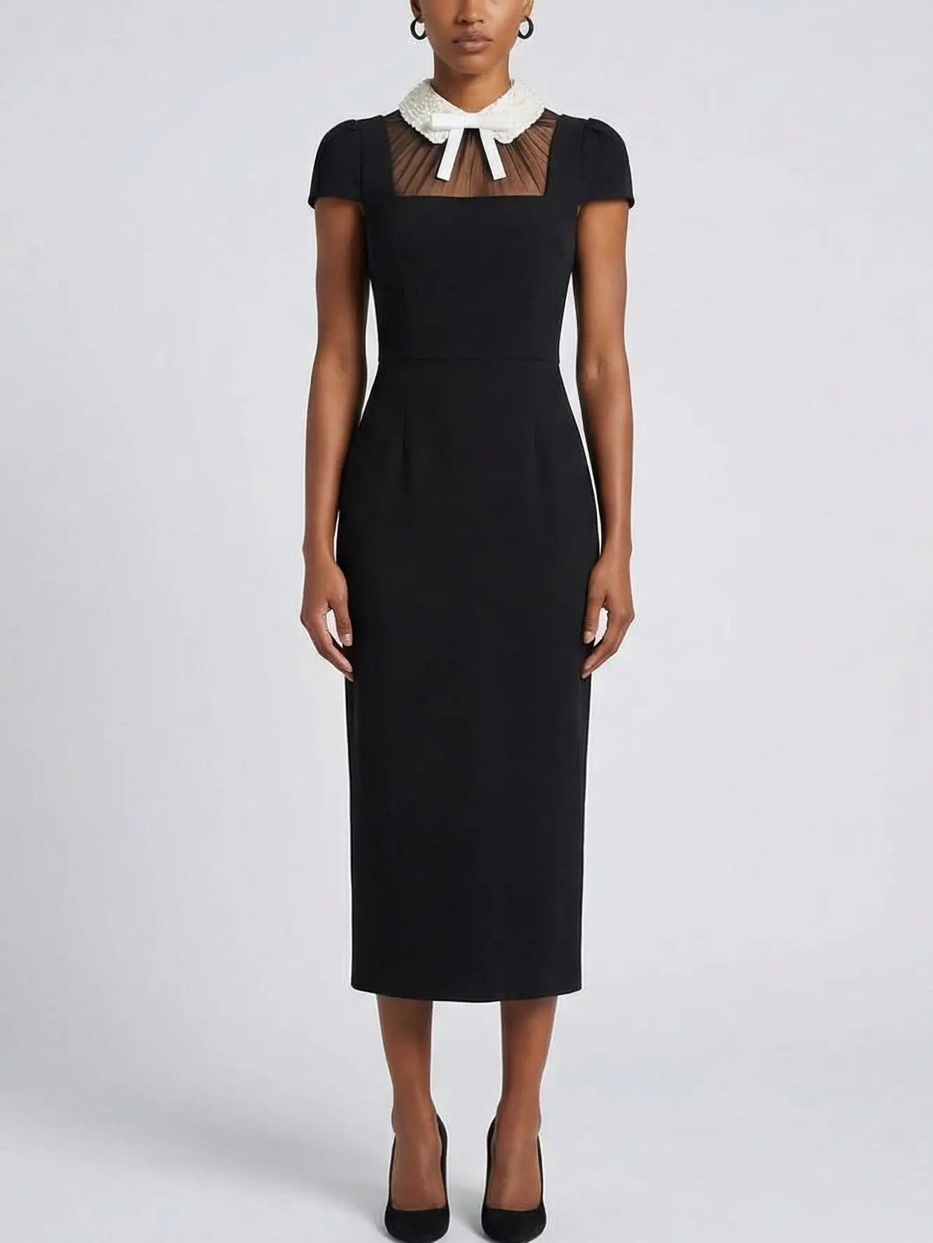 Black Midi Dress with Pearl Embellished Collar - Dresses