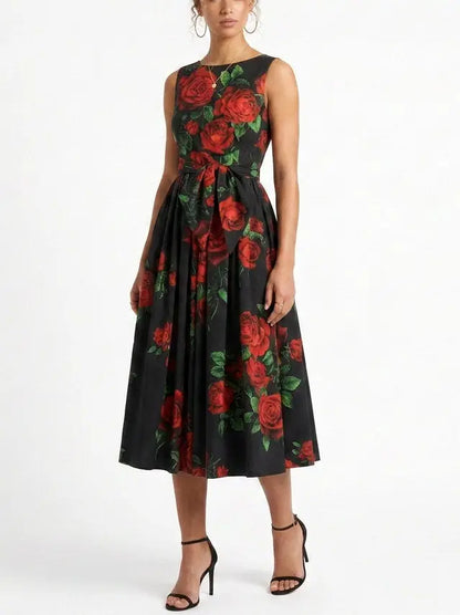 Black Midi Dress with Red Rose Print - Dresses