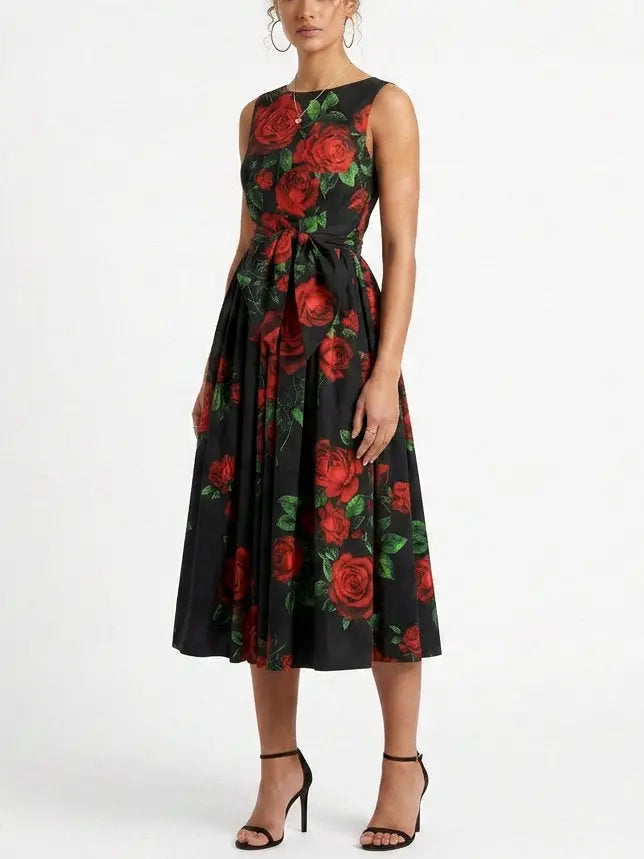 Black Midi Dress with Red Rose Print - Dresses