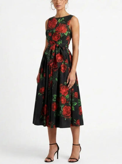 Black Midi Dress with Red Rose Print - Dresses